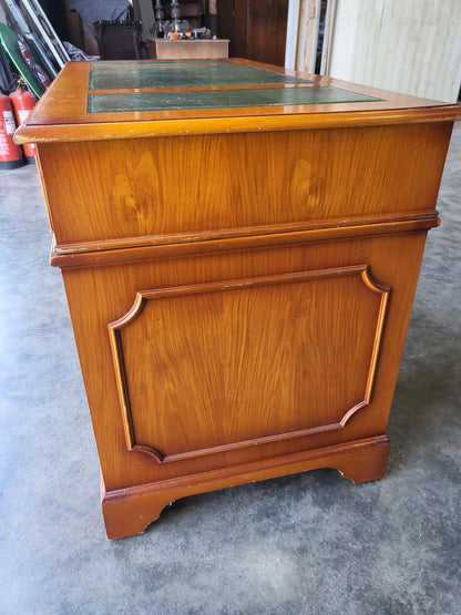 Antique repro small yew twin pedestal desk leather top