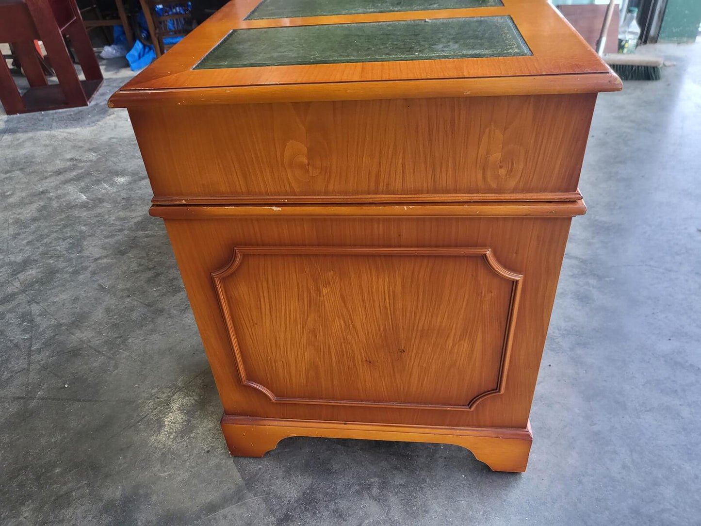 Antique repro small yew twin pedestal desk leather top