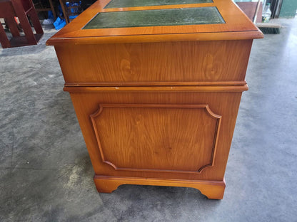 Antique repro small yew twin pedestal desk leather top