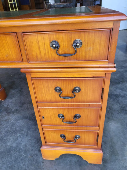 Antique repro small yew twin pedestal desk leather top