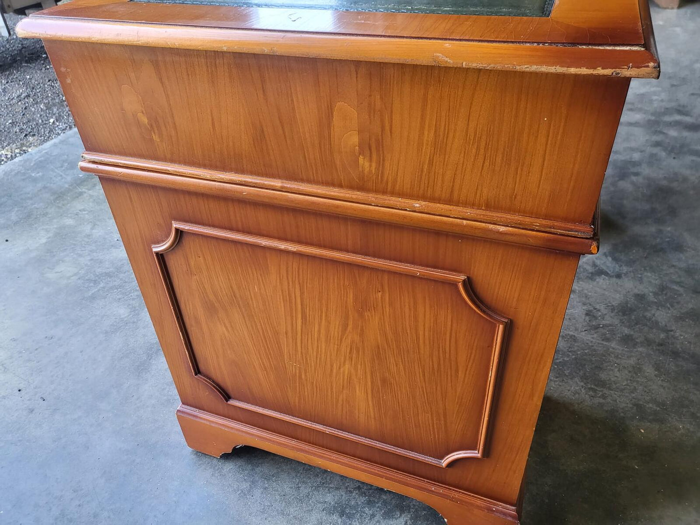 Antique repro small yew twin pedestal desk leather top