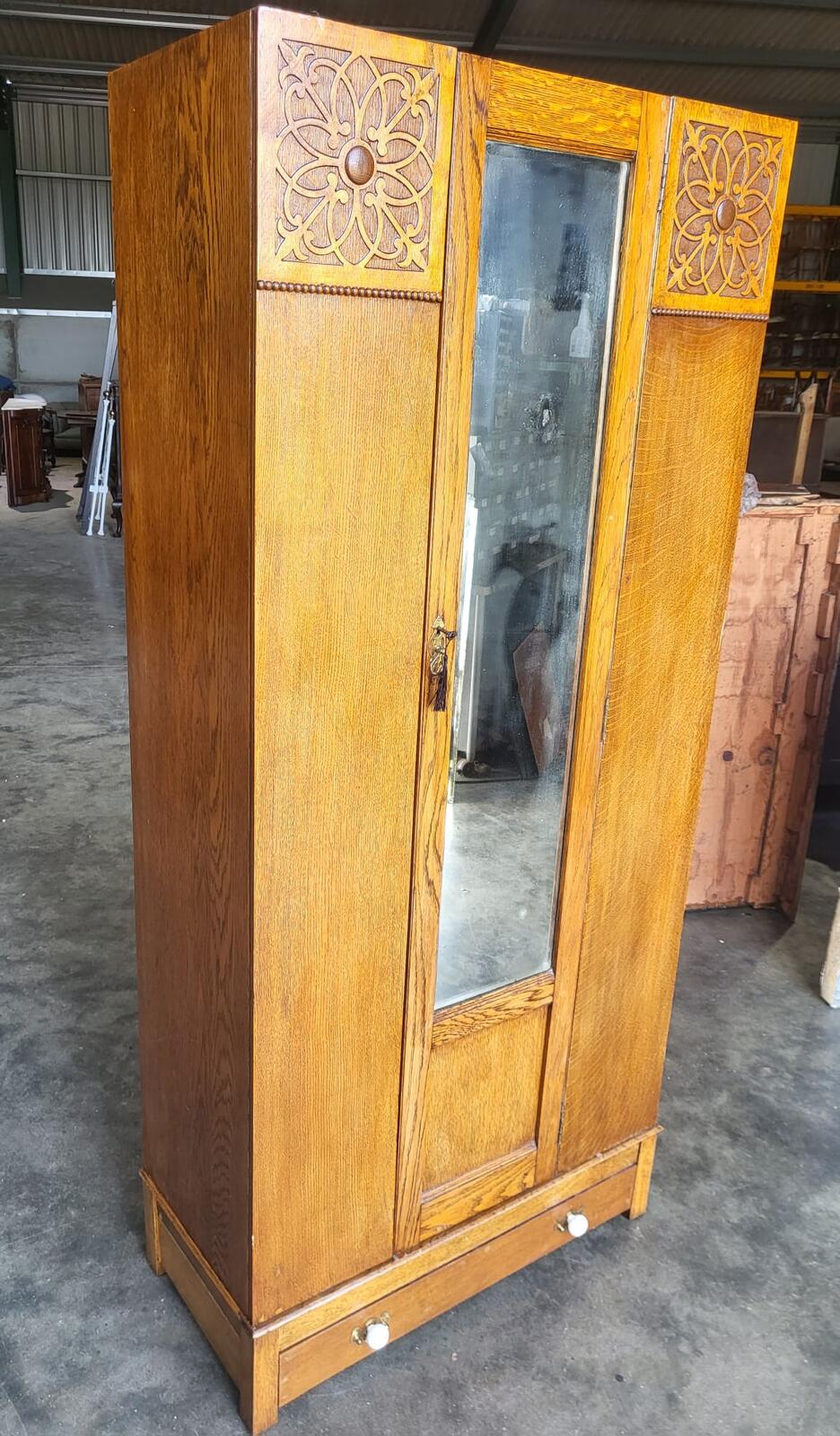 Antique art nouveau oak single mirrored door wardobe drawer