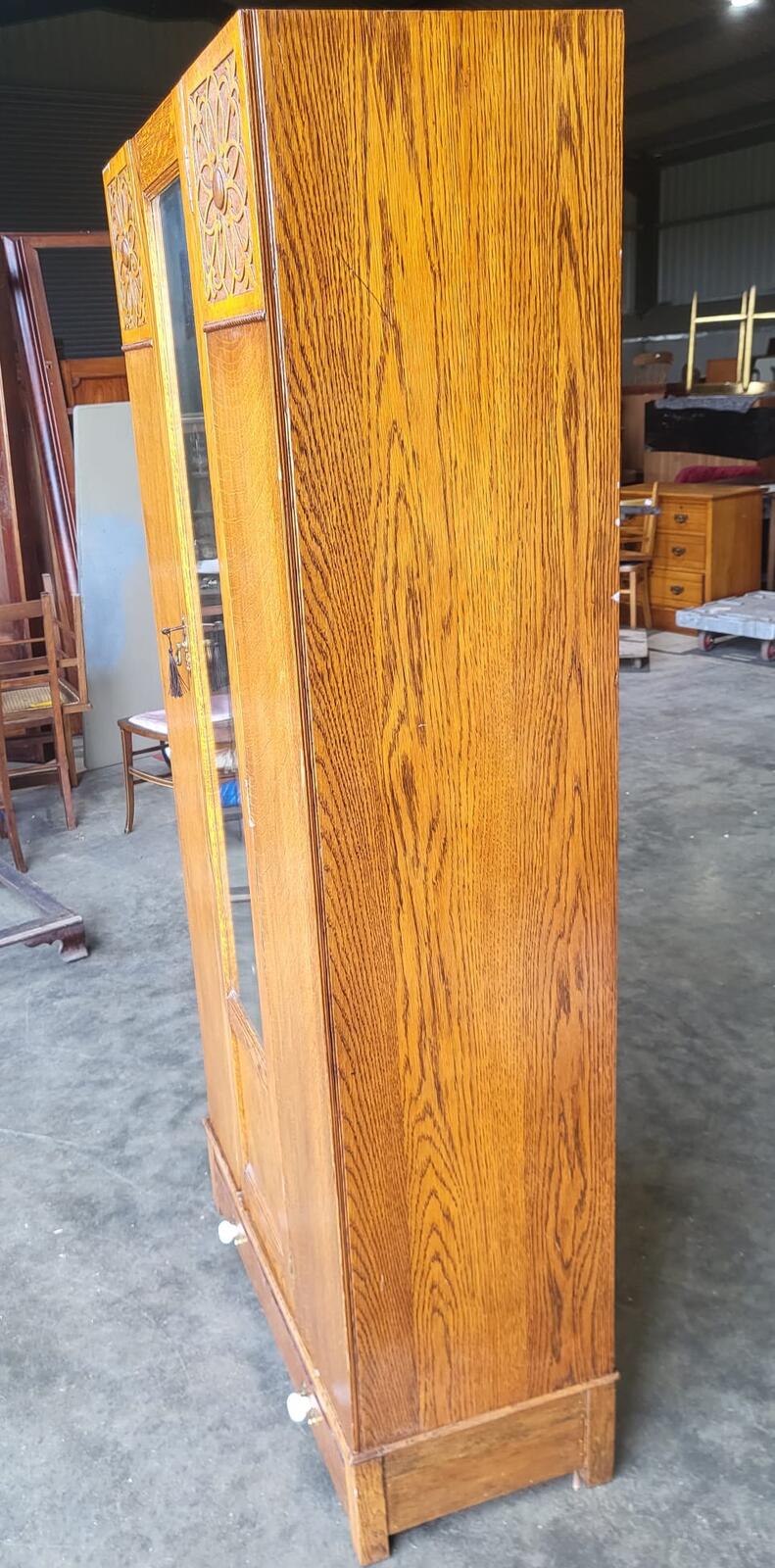 Antique art nouveau oak single mirrored door wardobe drawer
