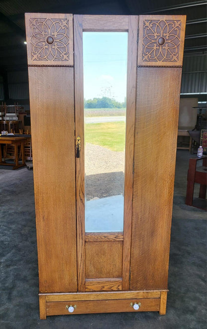 Antique art nouveau oak single mirrored door wardobe drawer