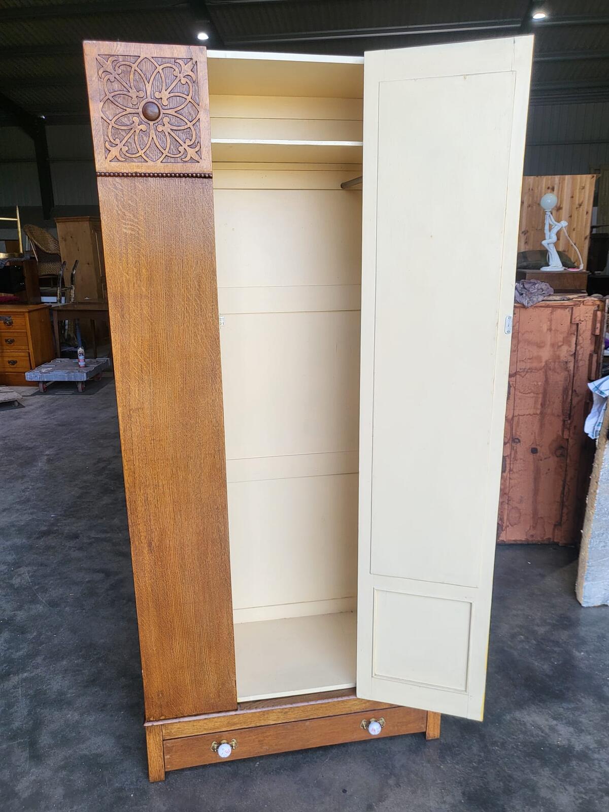 Antique art nouveau oak single mirrored door wardobe drawer