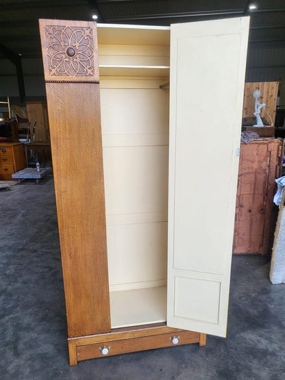 Antique art nouveau oak single mirrored door wardobe drawer