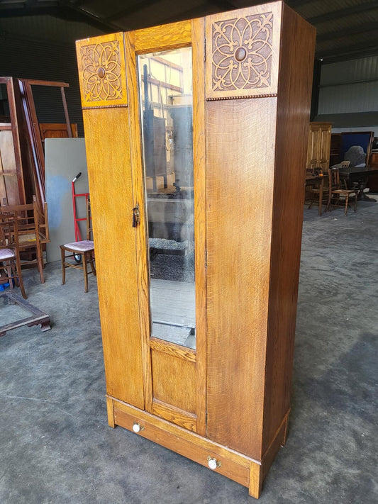 Antique art nouveau oak single mirrored door wardobe drawer