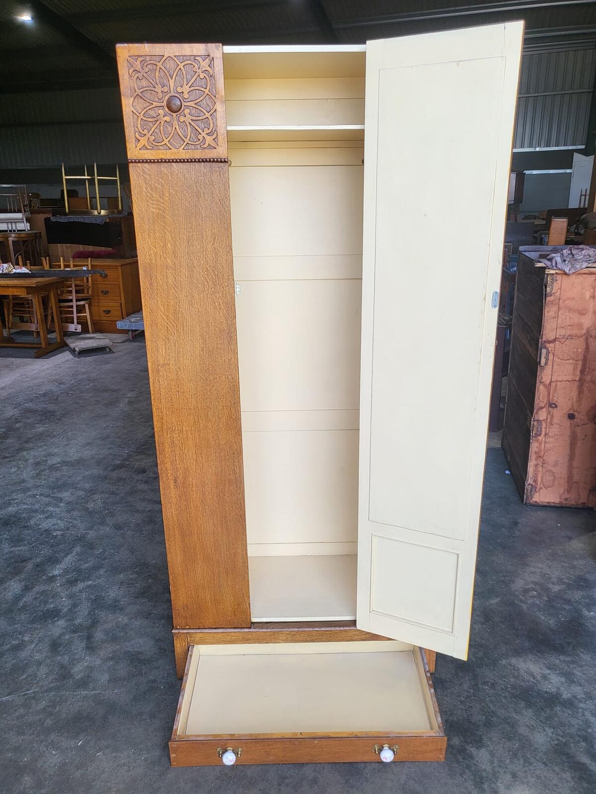 Antique art nouveau oak single mirrored door wardobe drawer