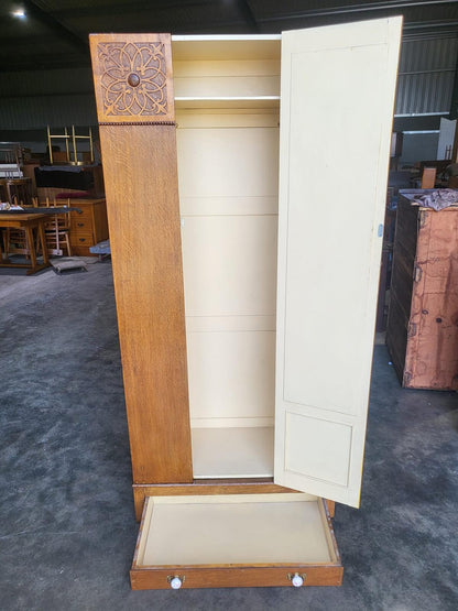 Antique art nouveau oak single mirrored door wardobe drawer