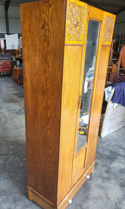 Antique art nouveau oak single mirrored door wardobe drawer
