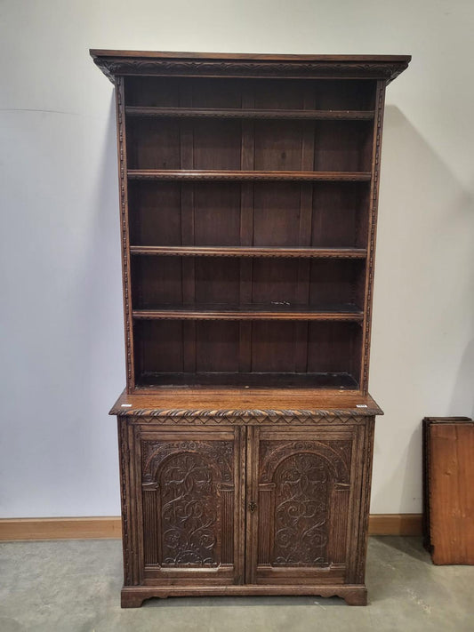 Antique carved tall oak open bookcase cabinet cupboard shelves