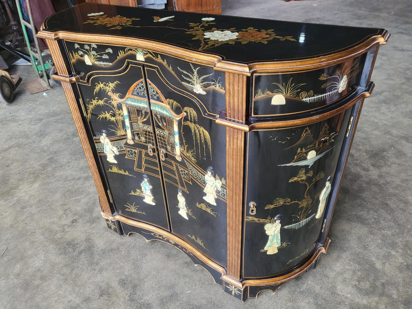 Chinese concave ornate lacquered sideboard cupboard shelves