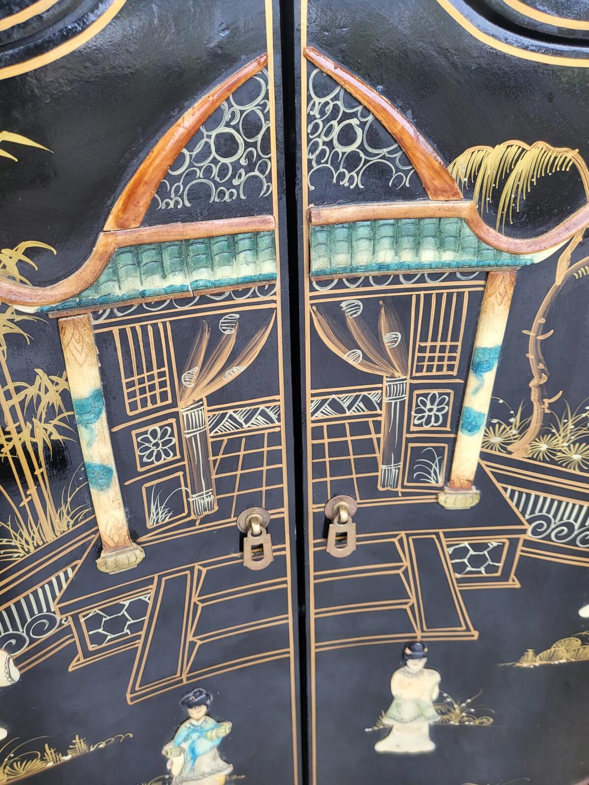 Chinese concave ornate lacquered sideboard cupboard shelves