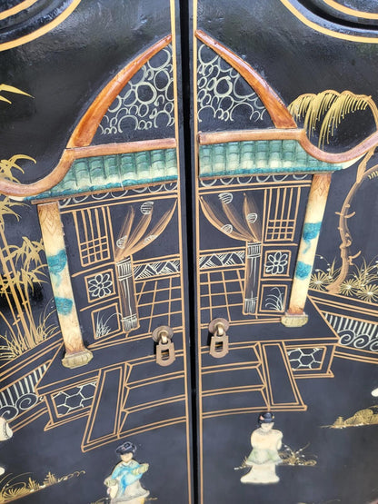 Chinese concave ornate lacquered sideboard cupboard shelves