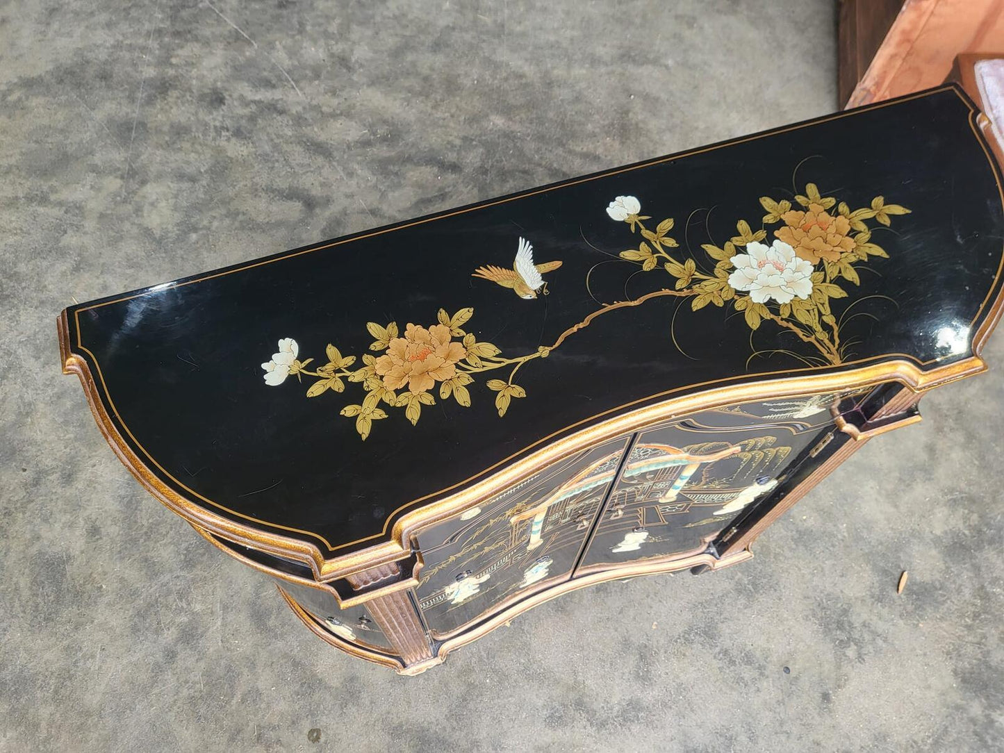 Chinese concave ornate lacquered sideboard cupboard shelves