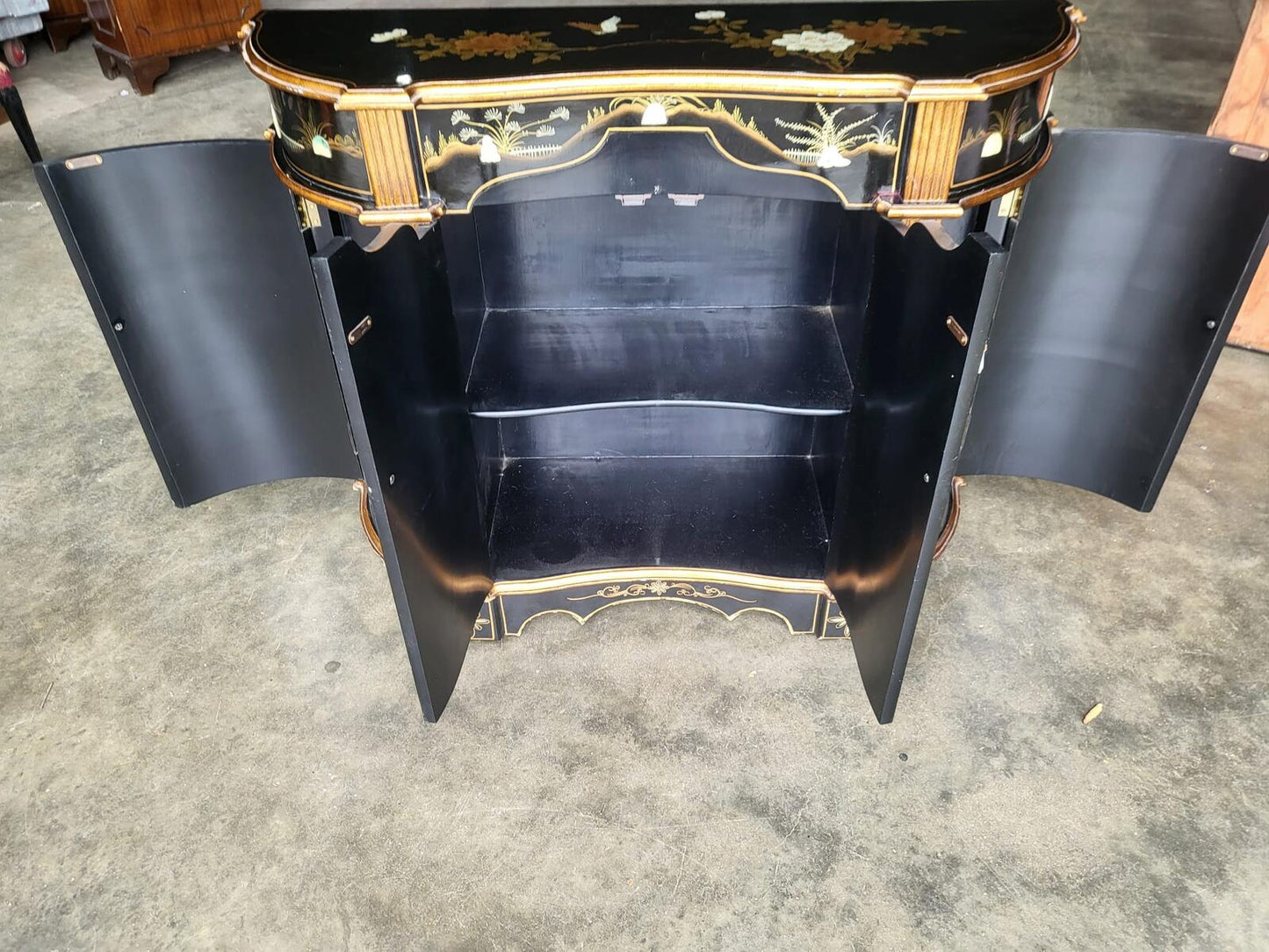 Chinese concave ornate lacquered sideboard cupboard shelves