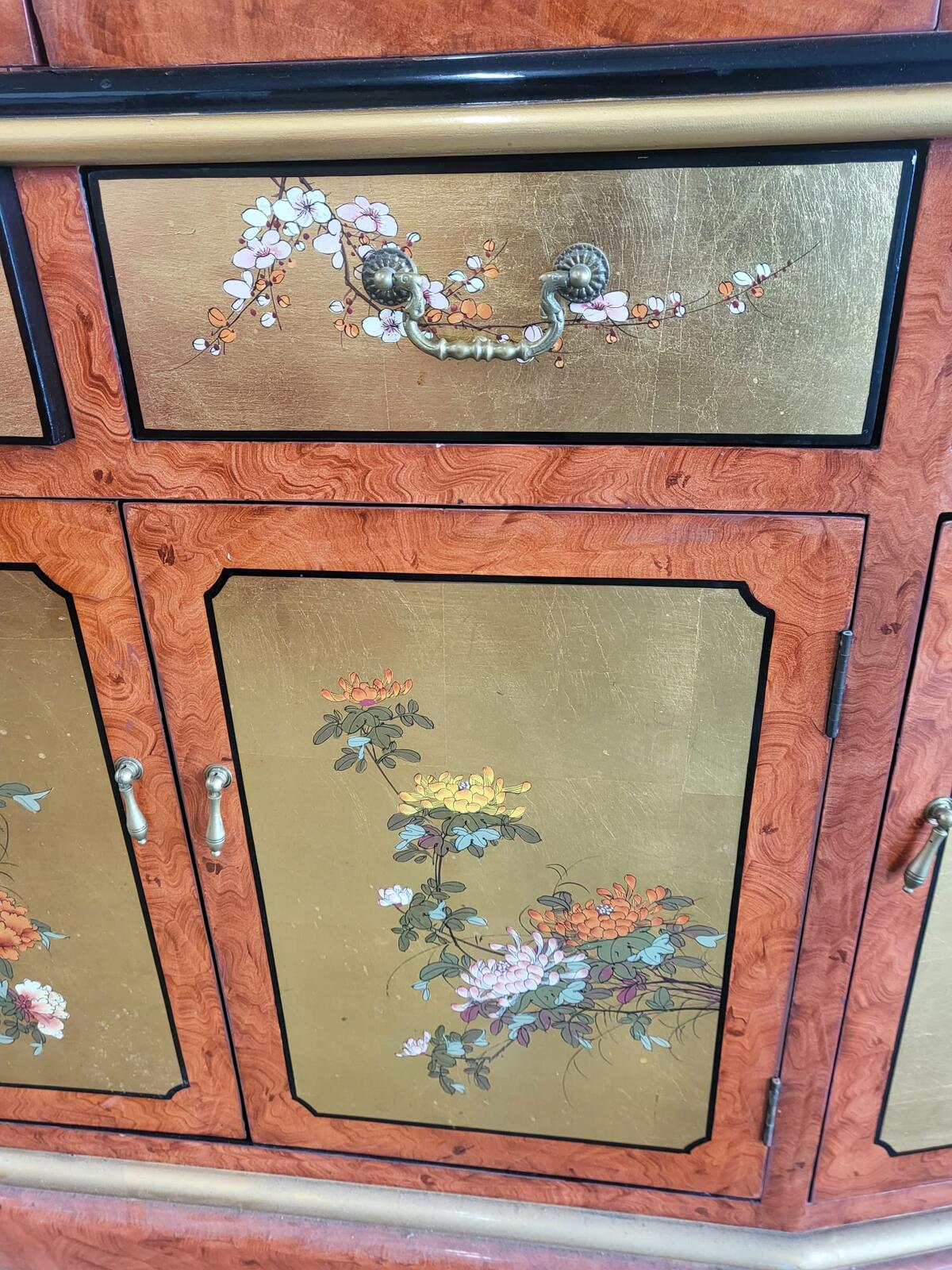 Chinese ornate  glazed curved bookcase display cabinet drawers