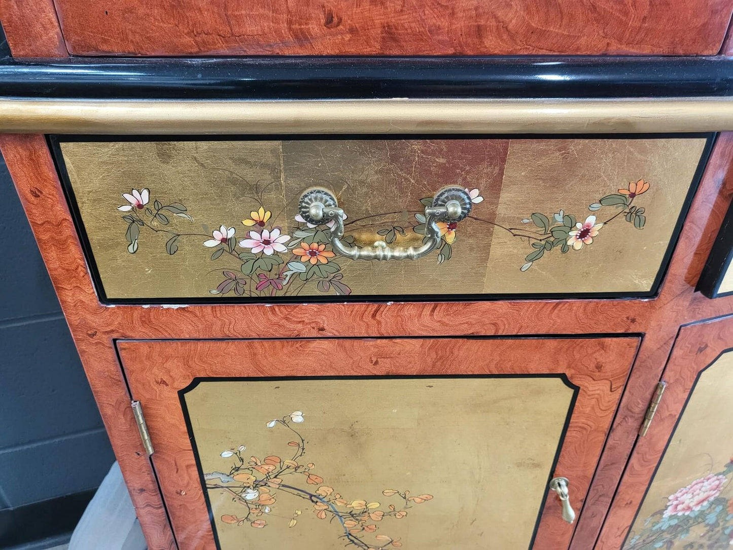 Chinese ornate  glazed curved bookcase display cabinet drawers