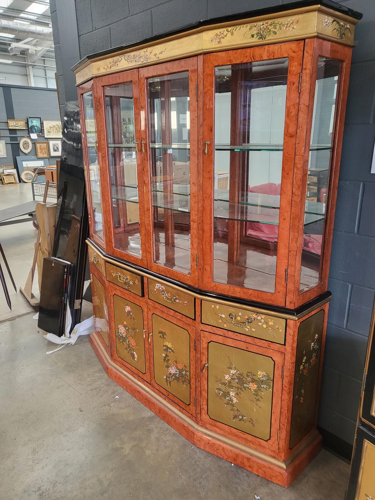 Chinese ornate  glazed curved bookcase display cabinet drawers