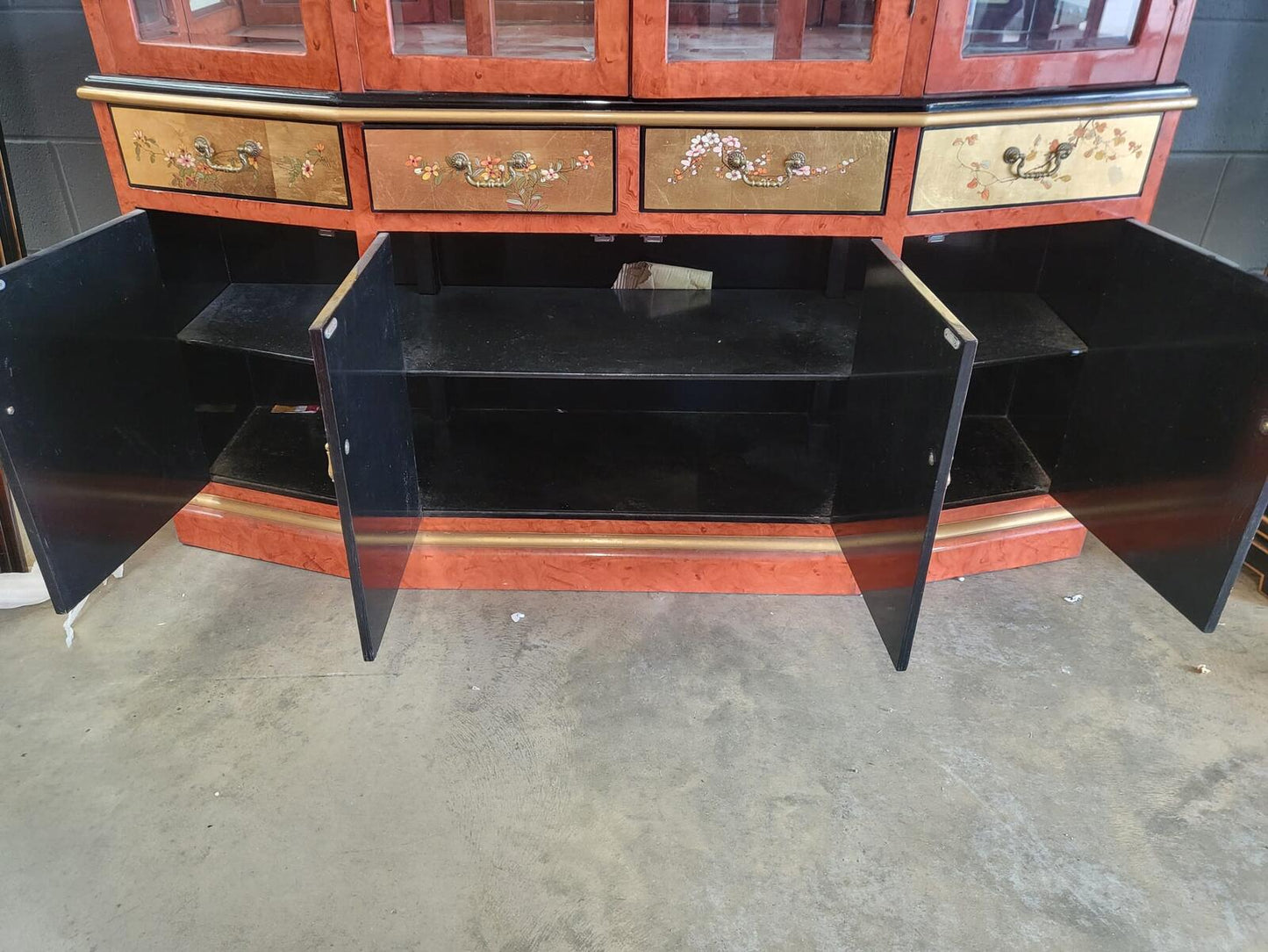Chinese ornate  glazed curved bookcase display cabinet drawers
