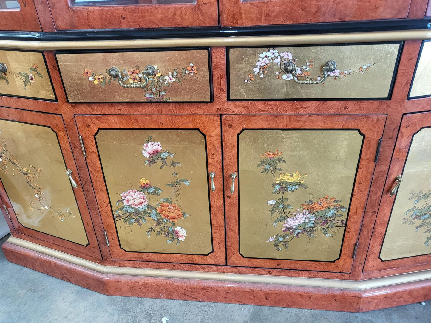 Chinese ornate  glazed curved bookcase display cabinet drawers