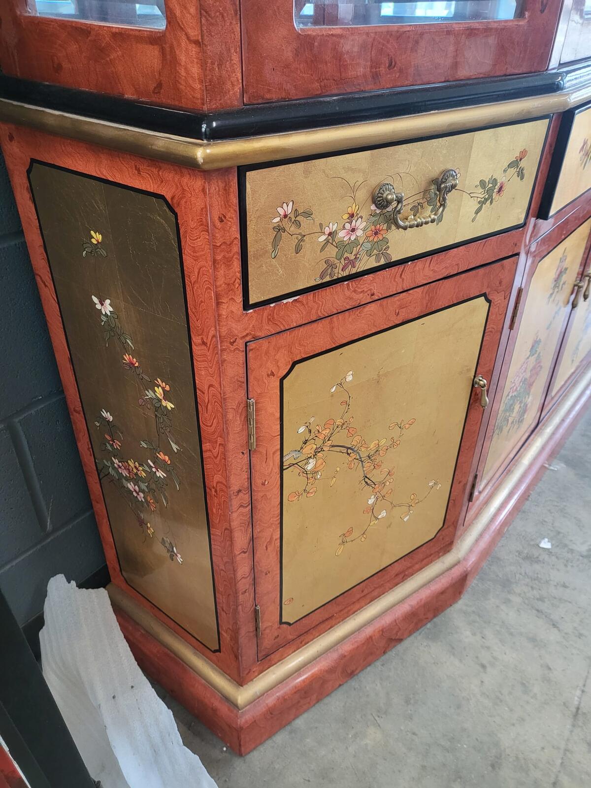 Chinese ornate  glazed curved bookcase display cabinet drawers