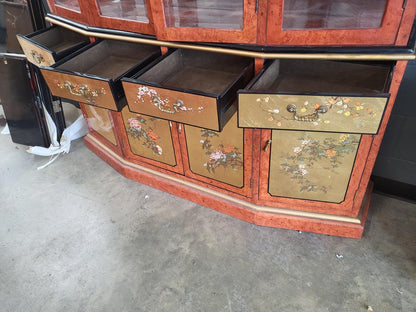 Chinese ornate  glazed curved bookcase display cabinet drawers