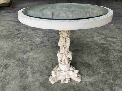 Vintage 20thc Chinese small pedestal carved round end side lamp table faux ivory