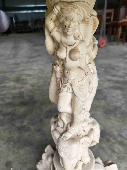 Vintage 20thc Chinese small pedestal carved round end side lamp table faux ivory