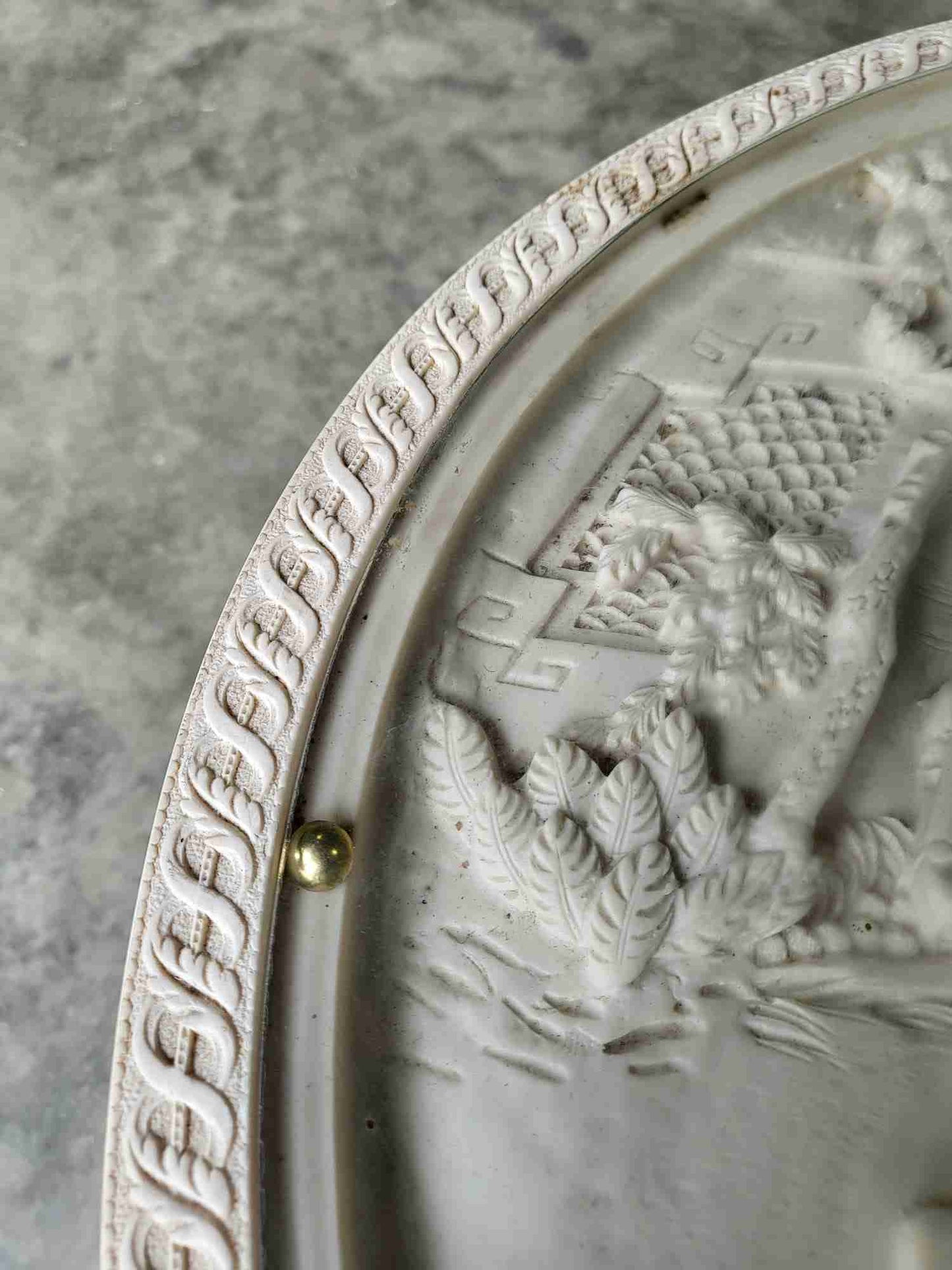 Vintage 20thc Chinese small pedestal carved round end side lamp table faux ivory