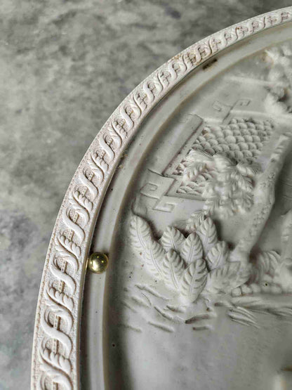 Vintage 20thc Chinese small pedestal carved round end side lamp table faux ivory