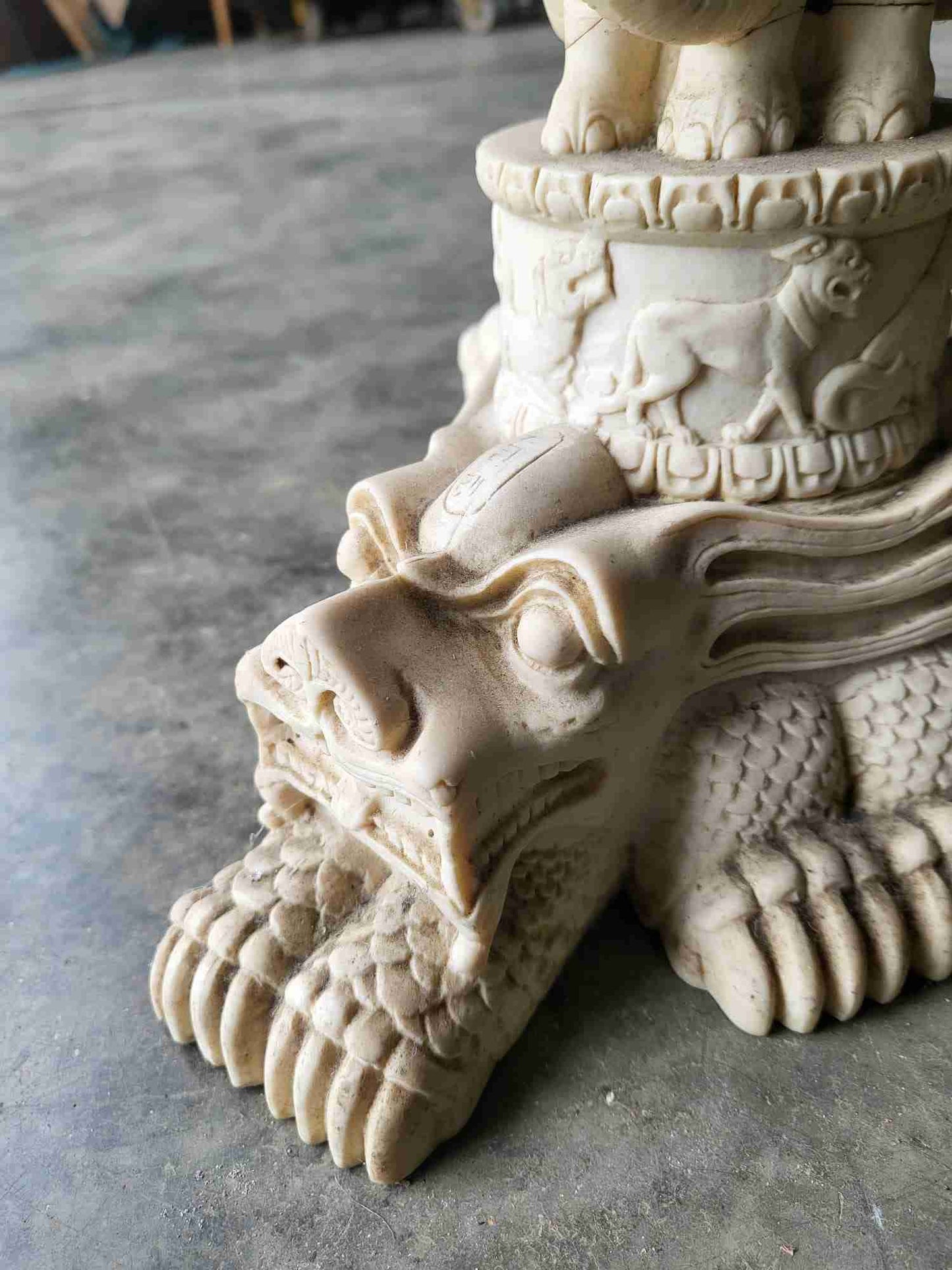 Vintage 20thc Chinese small pedestal carved round end side lamp table faux ivory
