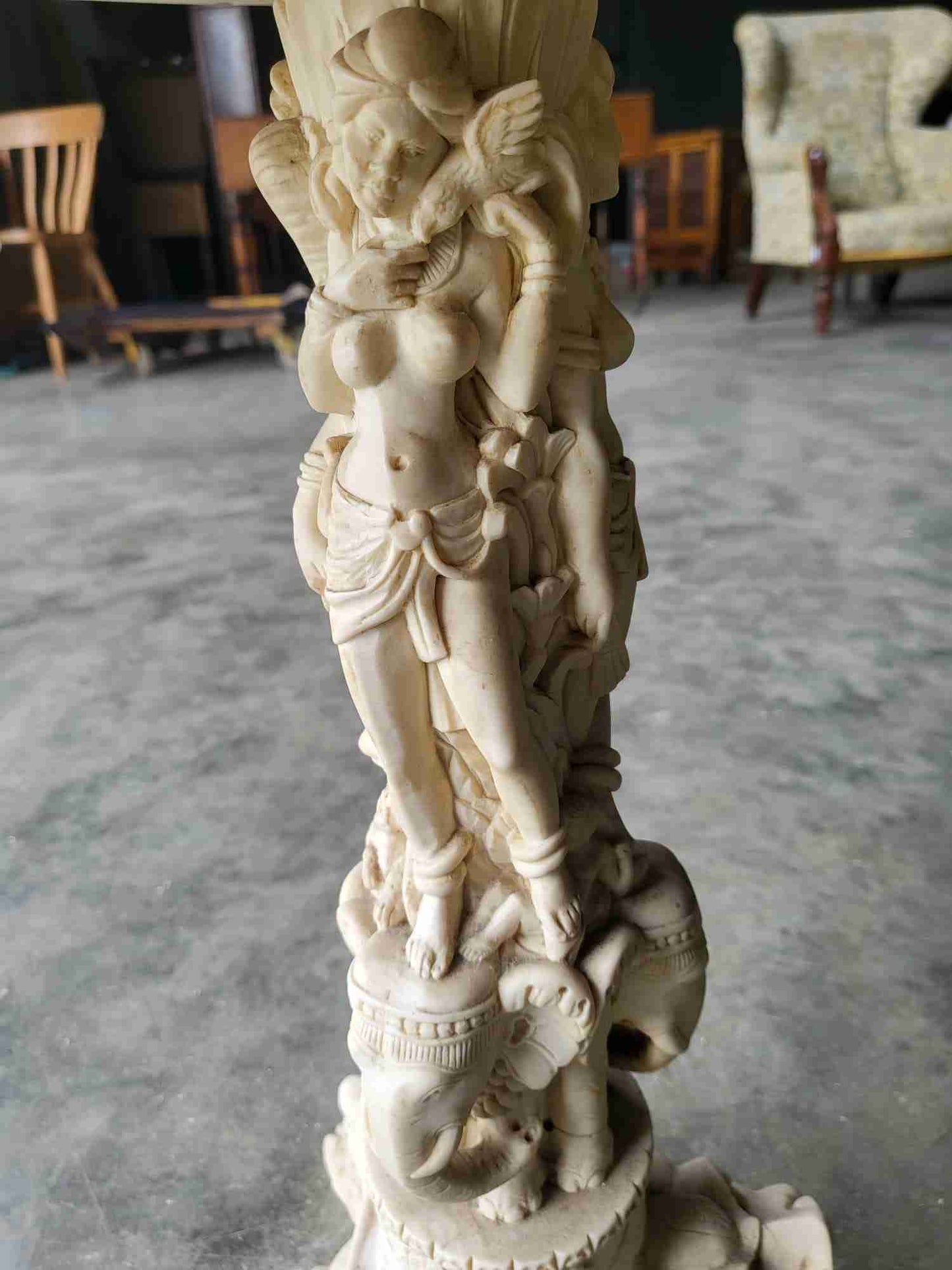 Vintage 20thc Chinese small pedestal carved round end side lamp table faux ivory
