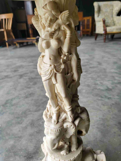 Vintage 20thc Chinese small pedestal carved round end side lamp table faux ivory