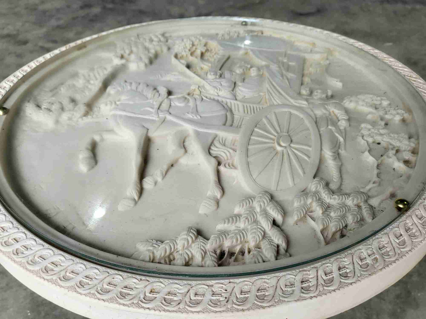 Vintage 20thc Chinese small pedestal carved round end side lamp table faux ivory
