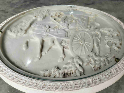 Vintage 20thc Chinese small pedestal carved round end side lamp table faux ivory
