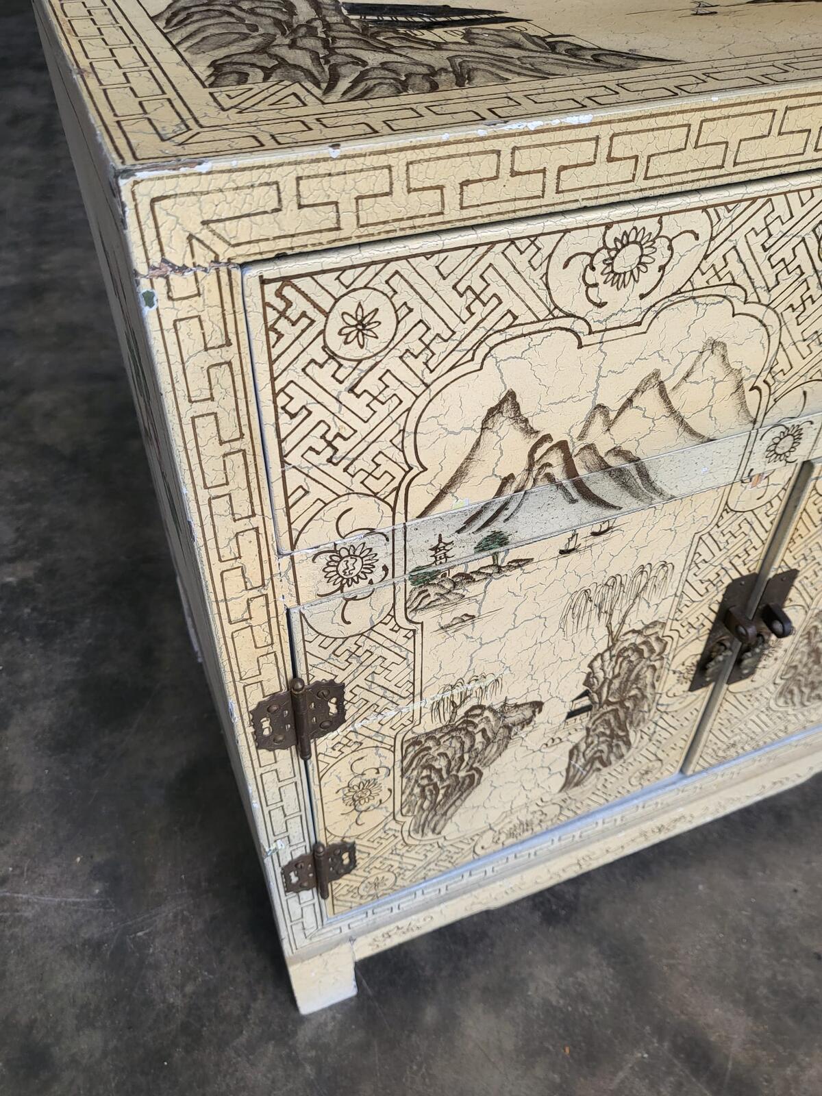 Chinese small cream side cabinet table drawer cupboard