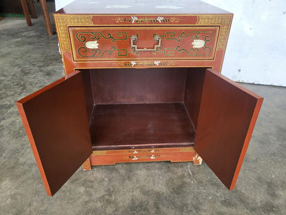Chinese small ornate side end lamp table cupboard drawers