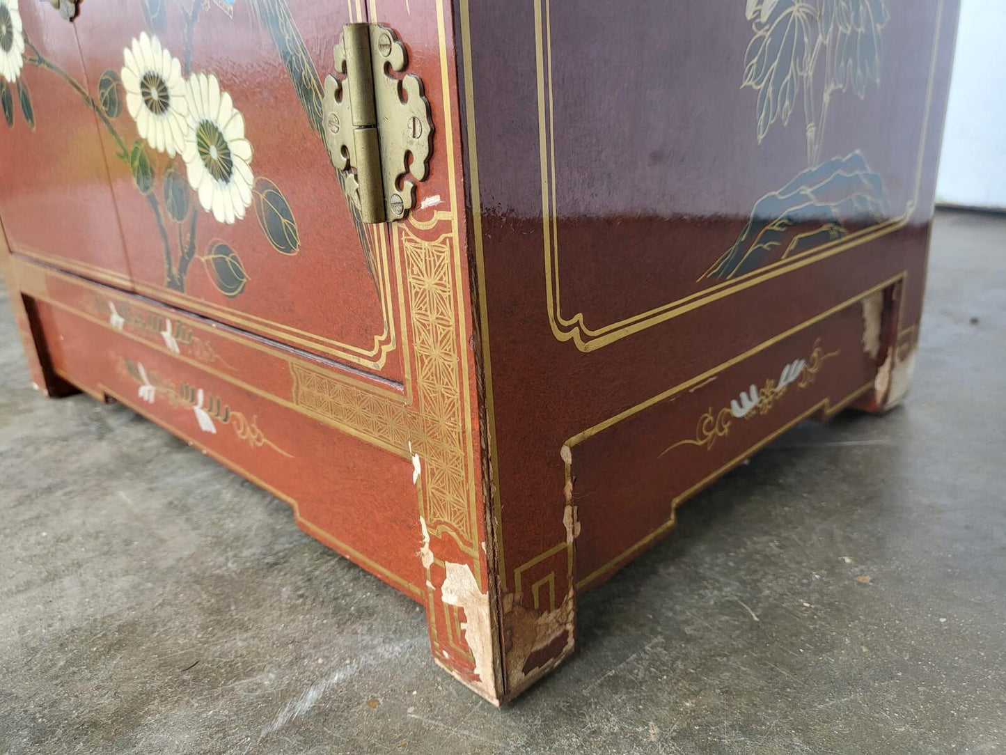 Chinese small ornate side end lamp table cupboard drawers