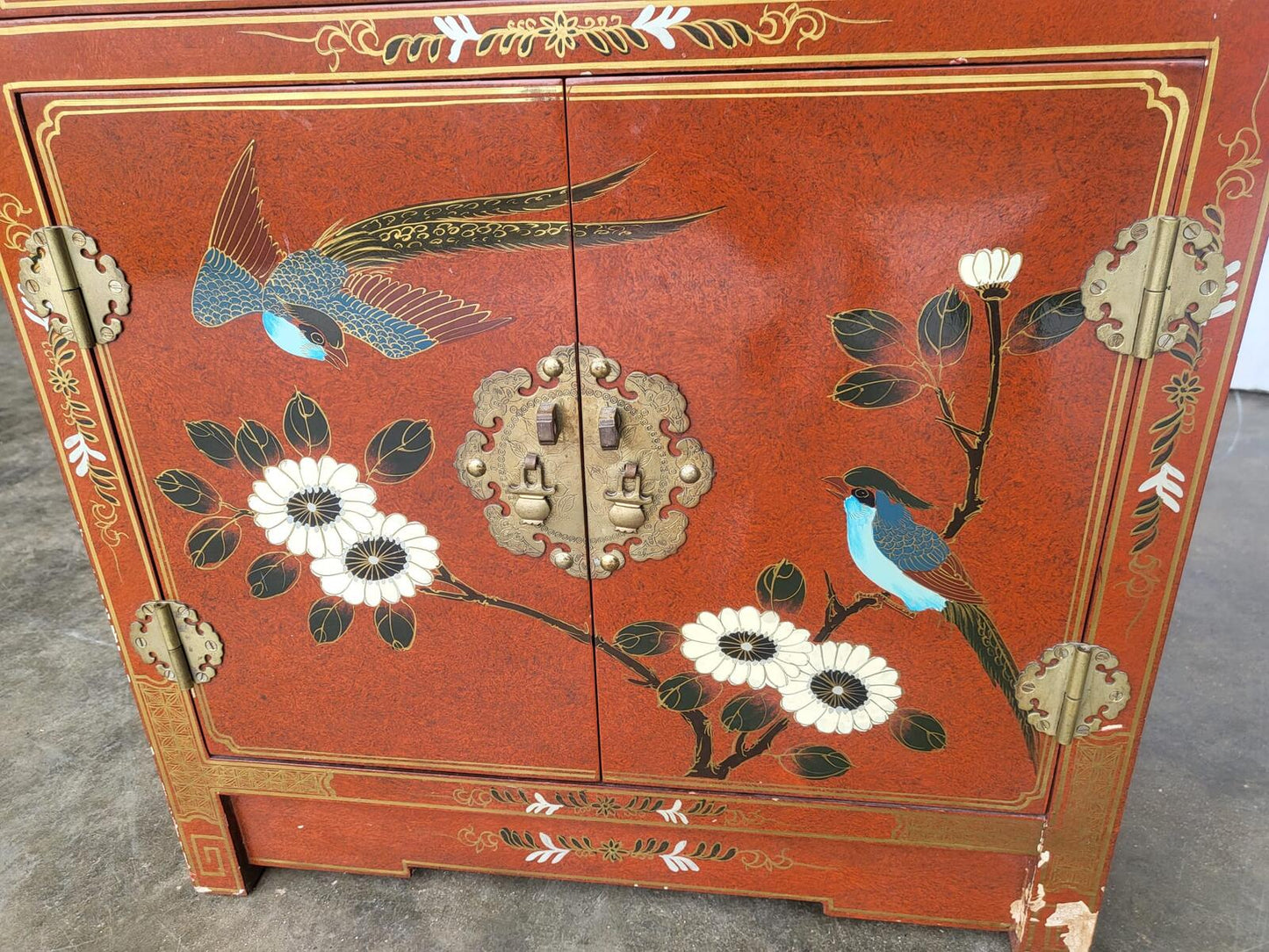 Chinese small ornate side end lamp table cupboard drawers