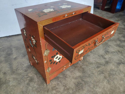 Chinese small ornate side end lamp table cupboard drawers