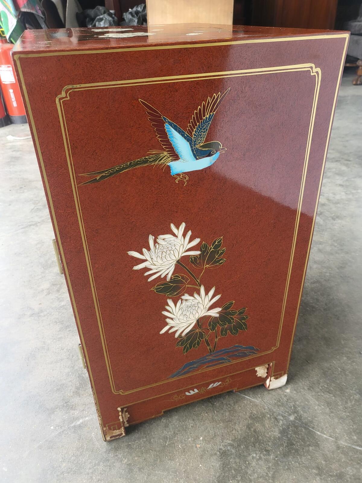 Chinese small ornate side end lamp table cupboard drawers