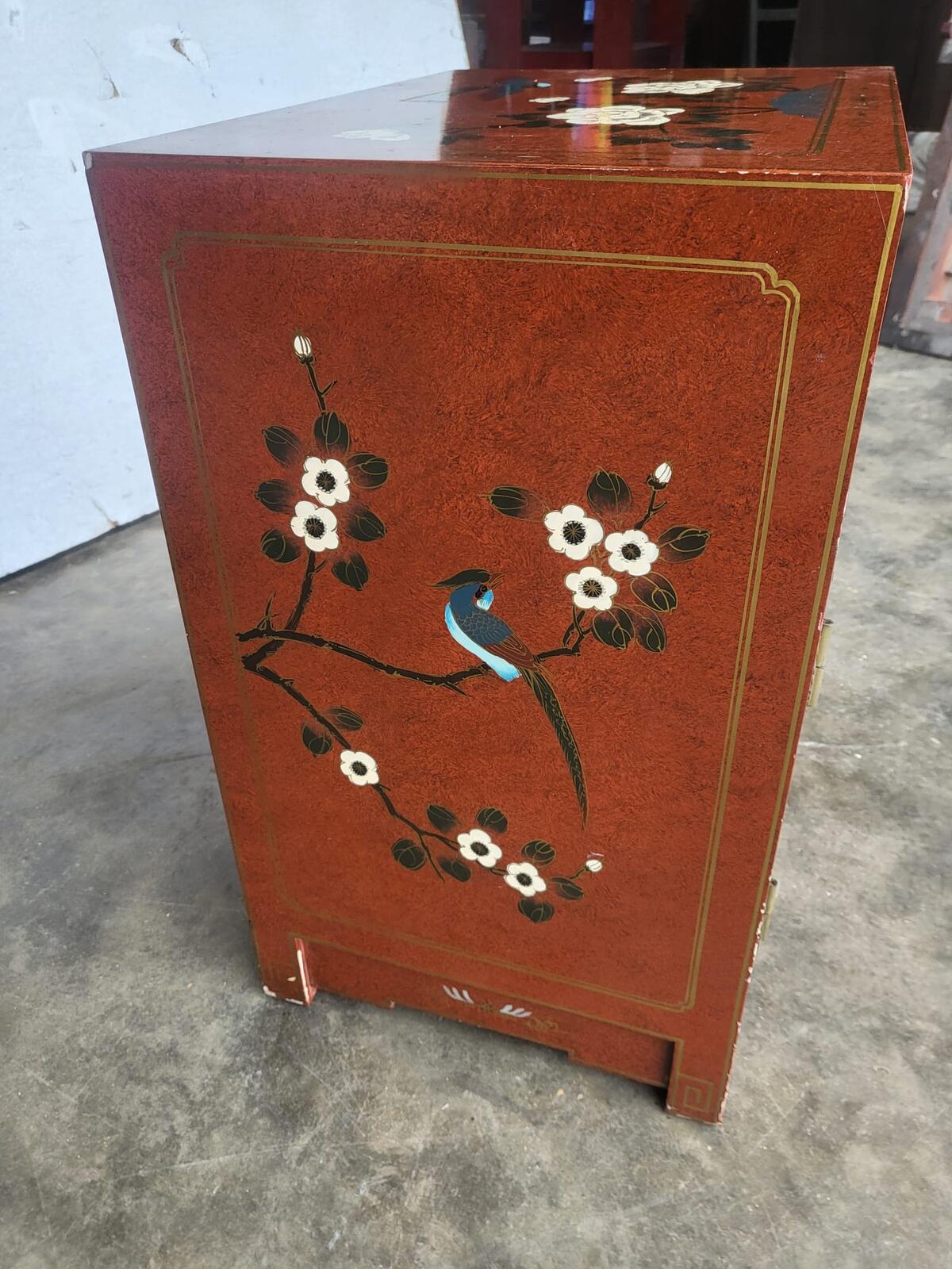 Chinese small ornate side end lamp table cupboard drawers