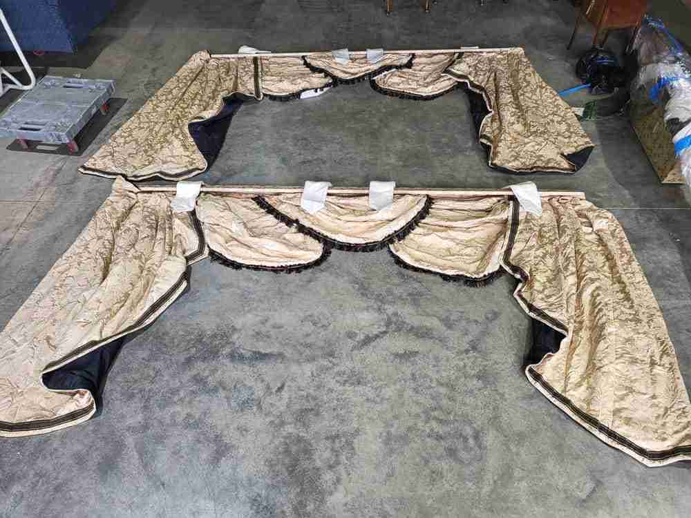 Curtains large pelmet swags gold cream fabric lined 299cm wx187 drop 9'10" wide