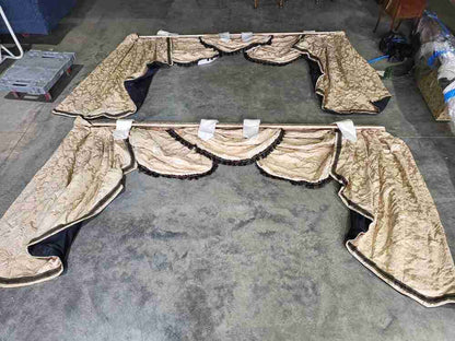 Curtains large pelmet swags gold cream fabric lined 299cm wx187 drop 9'10" wide