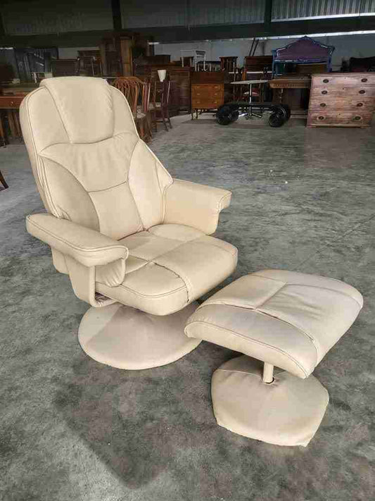 Cream swivel reclining arm chair footstool PU Leather 70's style round pedestal