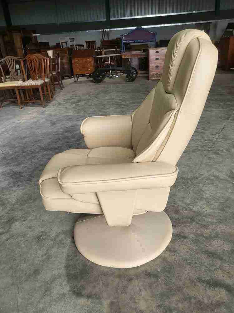 Cream swivel reclining arm chair footstool PU Leather 70's style round pedestal
