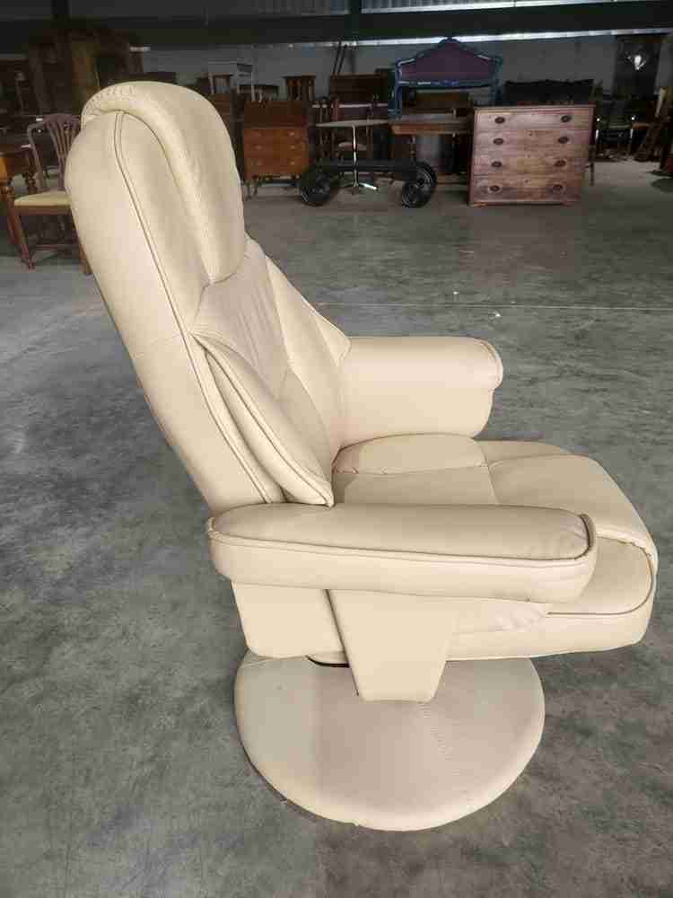 Cream swivel reclining arm chair footstool PU Leather 70's style round pedestal