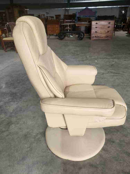 Cream swivel reclining arm chair footstool PU Leather 70's style round pedestal