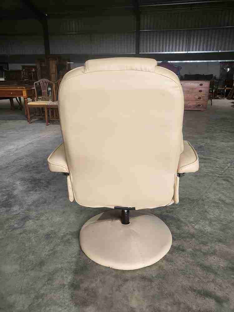 Cream swivel reclining arm chair footstool PU Leather 70's style round pedestal